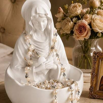 Vår Fru av Lourdes-staty, elfenbensfärgad, Jungfru Maria-figur, katolsk välsignelse för trädgården, rosarieställ i hartssten för skrivbord, religiös p (En-Storlek,Jungfru Maria i vit mantel)