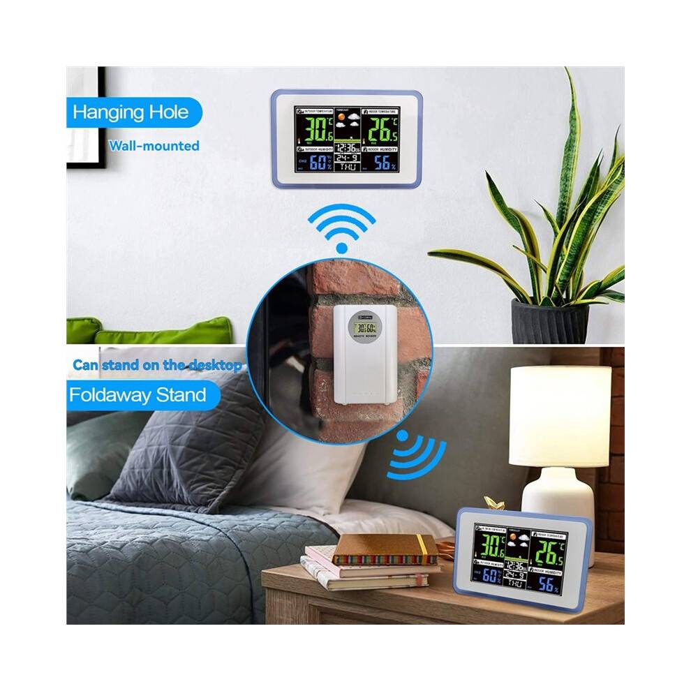 Digital Väderstation, Klocka, Väderprognos, Inomhus- och Utomhustermometer, Hygrometer, Trådlös Pekskärmsklocka B