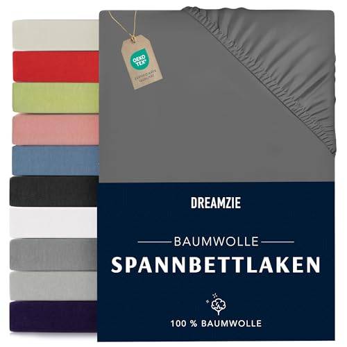 Dreamzie - Spannbettlaken - 80x160cm - 100% Baumwolle Jersey | Anthrazit · Leintuch mit Rundumgummi · Spannbetttuch bis 12cm Steghöhe · Oeko-Tex zertifiziert · Kinderbett / Hausbett