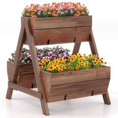Lodret højbed med 2 niveauer & 3 plantekasser & drænhuller blomsterbed 66 x 73 x 73 cm brun