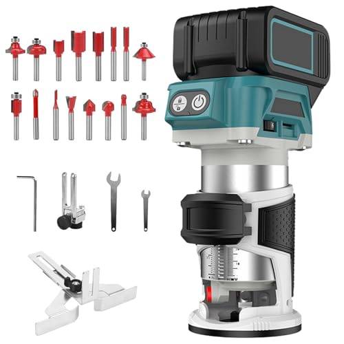 Batteridriven överfräs kompatibel med Makita 18 V batteri, 800 W borstlös trätrimmer, batteriöverfräs trimmer för Makita, batteriträtrimmer med 16 stycken 1/4 tums hårdmetallfräs-set