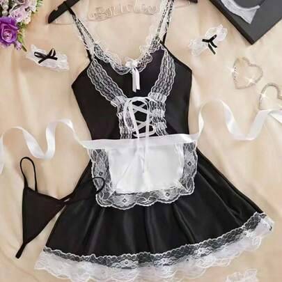 Söt 6-delad maid-kostym, kawaii rollspelsoutfit med spets, rygglös förklädesuniform, sexig cosplay-lingerie - Svart (M,S,XS)