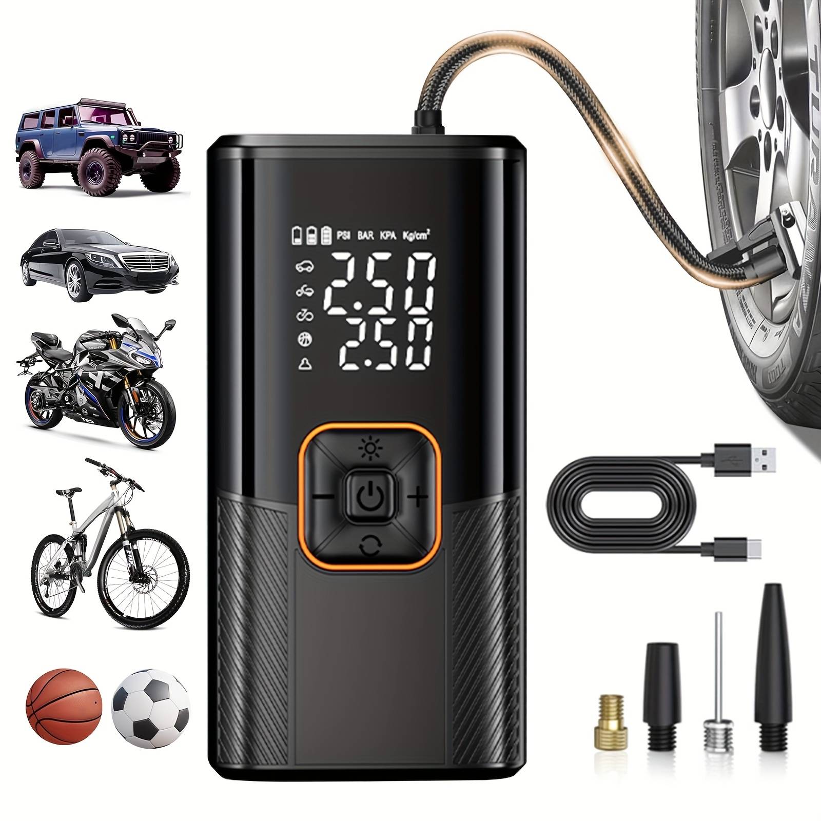 TEMU 150psi Portable Air Pump - Equipped With Digital Pressure Gauge, Led Light, Usb Charging & Rechargeable Lithium-ion Battery, Wireless Design, Suitable For Cars, Bicycles, Motorcycles, And