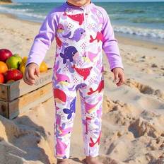 Baddräkt med valmönster och långärmad rashguard för babyflickor, hel baddräkt, lila, lämplig för sommar och semester - Blåröd (6-9M,9-12M,12-18M,18-24M,2-3Y)
