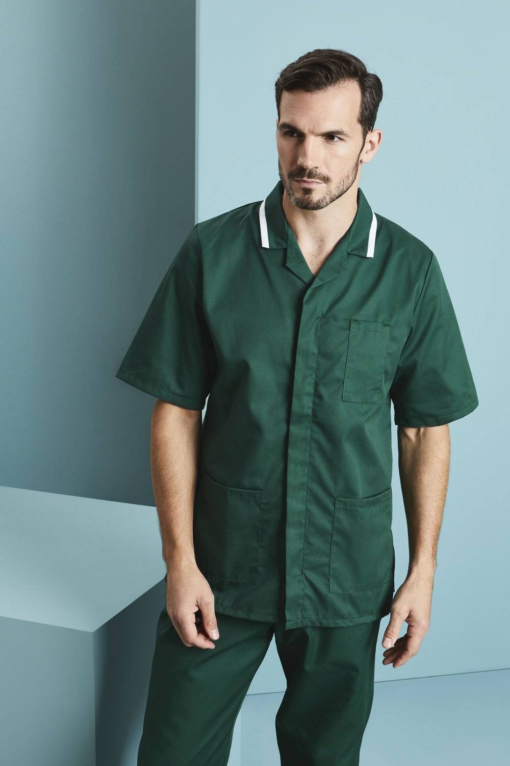 SJ Men's Collar Healthcare Tunic, Bottle Green with White Trim Colour: Bottle Green With White Trim, Size: 34" Chest (34" Chest)
