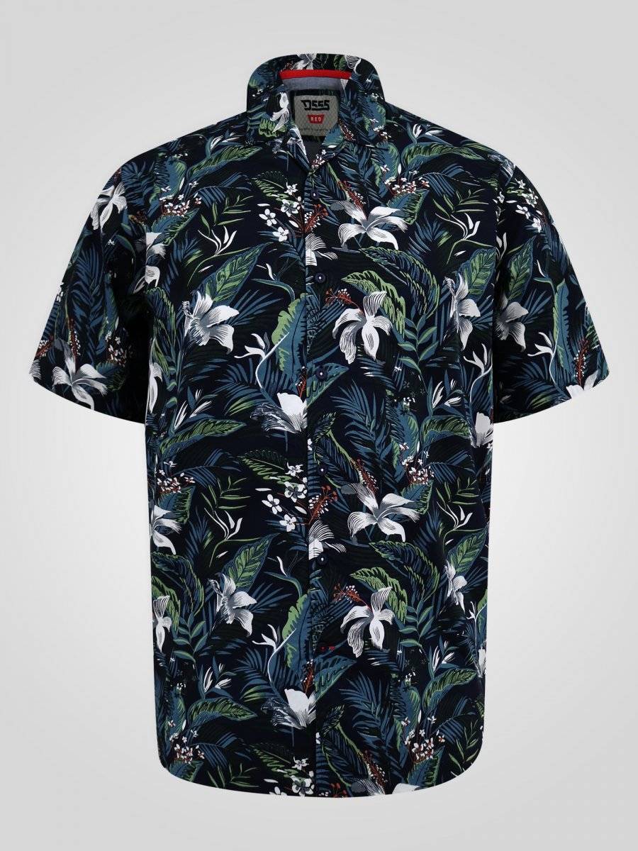 3XL - Hawaiiskjorta i stora storlekar - D555 Corden Hawaiian AOP Cuban Collar Resort Short Sleeve Navy
