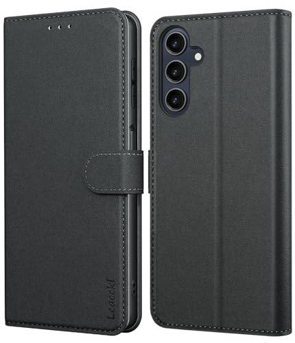 Leacckl Samsung Galaxy A25 5G Fodral, Läderplånboksfodral Vikbart Fodral med Korthållare och Magnetiskt Spänne Läderfodral, Svart