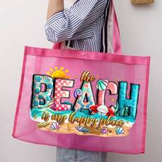 1PC Mesh Beach Bag Nylon Material Alphabet Printed Beach Mesh Tote Bag With Large Capacity,Use Tt Yourself Or Give Gifts To Others,Back To School Supp - Multicolor - Pink