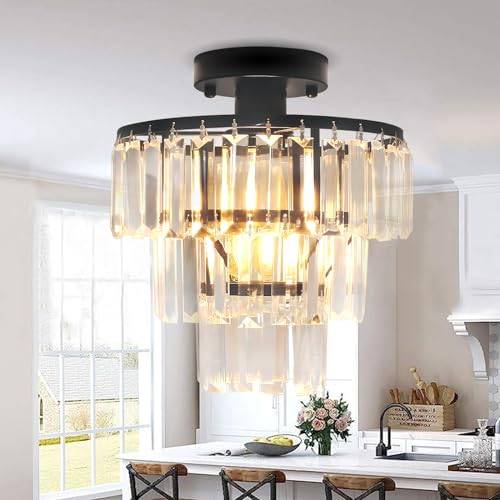 JHLBYL Modern kristalltaklampa, ljuskrona med 1 svart metalllampa, industriell kristalltaklampa med bas E27 för sovrum, kök