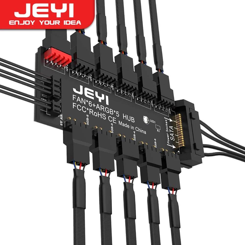 JEYI 4Pin PWM & 5V 3Pin ARGB with SATA 15Pin Power 5 Way Sync Fan Hub CPU Cooling Fan Addressable RGB Lighting PCB Splitter
