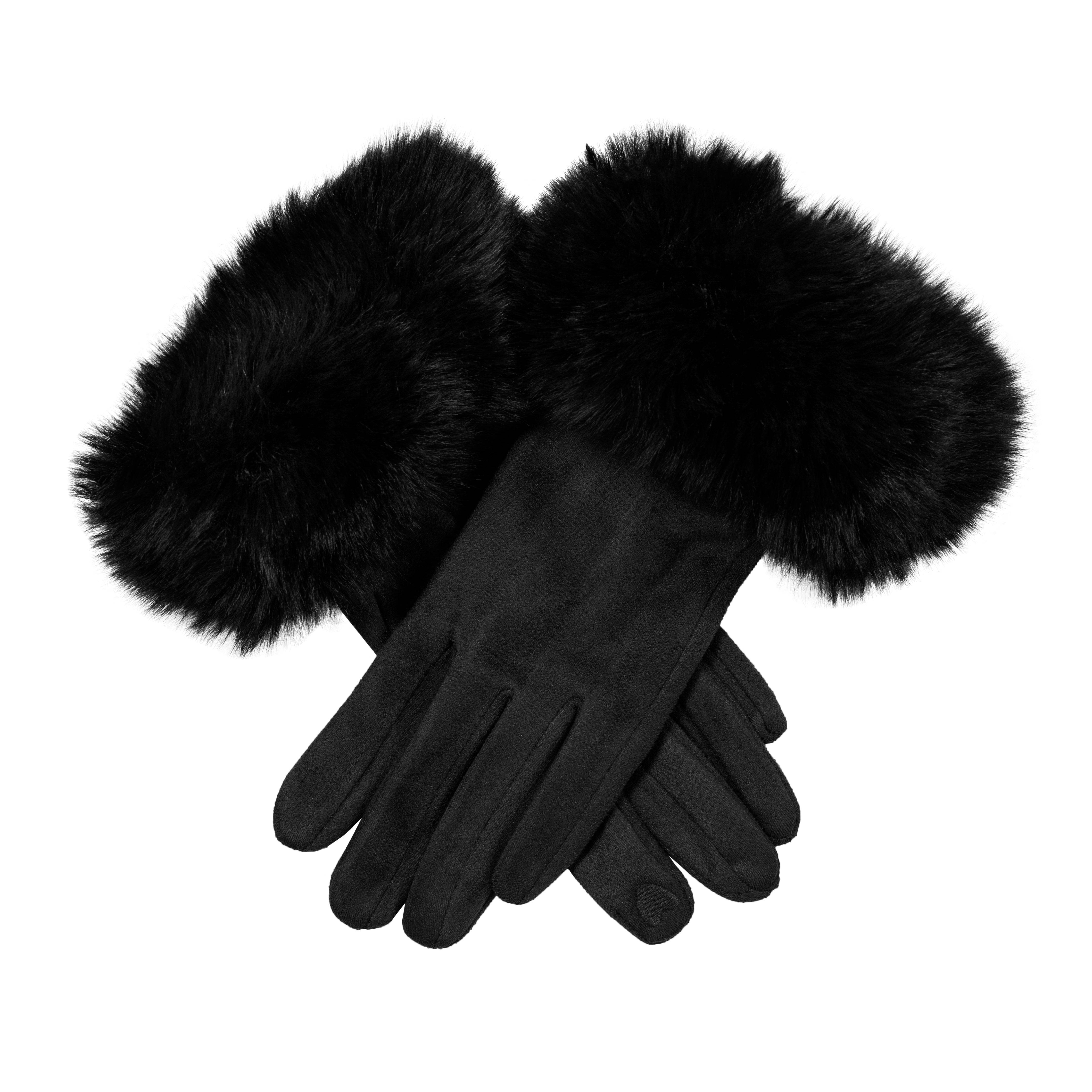 Women's Touchscreen Velour-Lined Faux Suede Gloves with Faux Fur Cuffs - BLACK / ONE