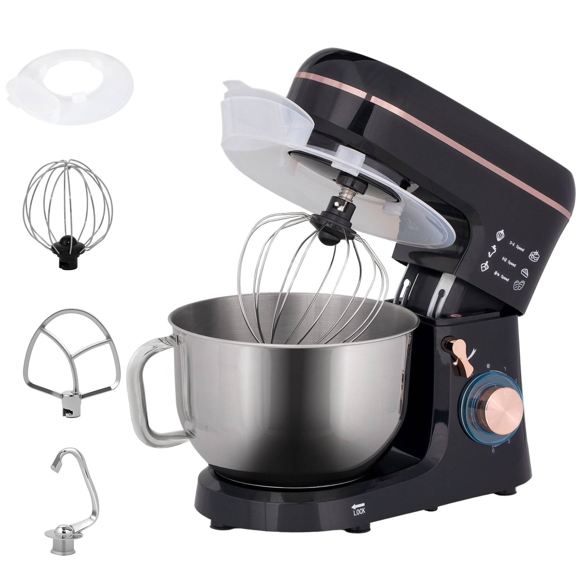 HOMCOM Stand Mixer, 5L Food Mixer for Baking, 6 Speeds and Pulse Setting, 1400W Cake Electric Kitchen Mixer with Dough Hook, Whisk, Stainless Steel Bowl, Splash Guard, Beater, Black