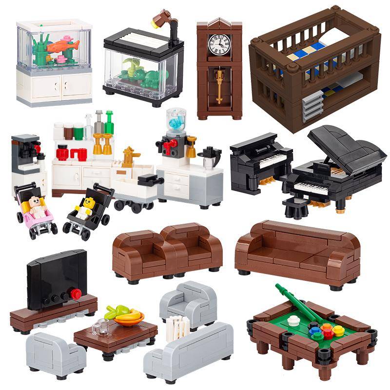 Kompatibla City Furniture Series Klossar MOC Byggklossar Kök Sovrum Badrum Delar DIY-satser Leksaker för barn Soffa Säng Piano Set