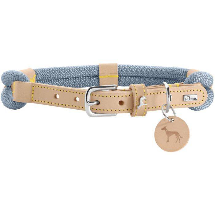 Dog Collar - HUNTER - Malia - Soft Rope - Sturdy Leather - Pigeon Blue/Natural blå