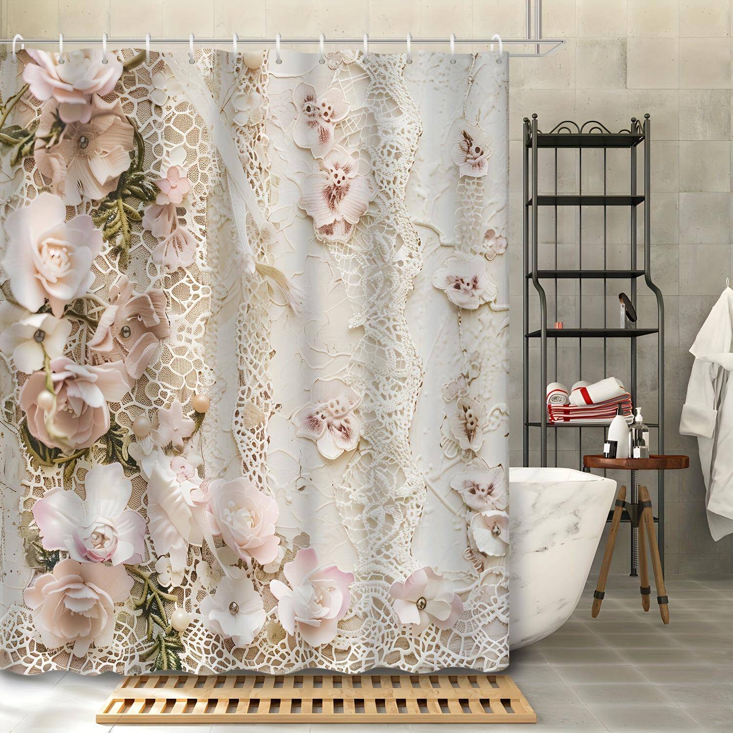 1 st duschdraperi - Elegant blommigt och spetsmönster för ett romantiskt badrum Vattentätt
