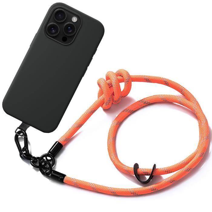 Protective Case - Silicone - for iPhone 16 Pro Max - Slim Black - Sturdy Orange Lanyard - Flexible