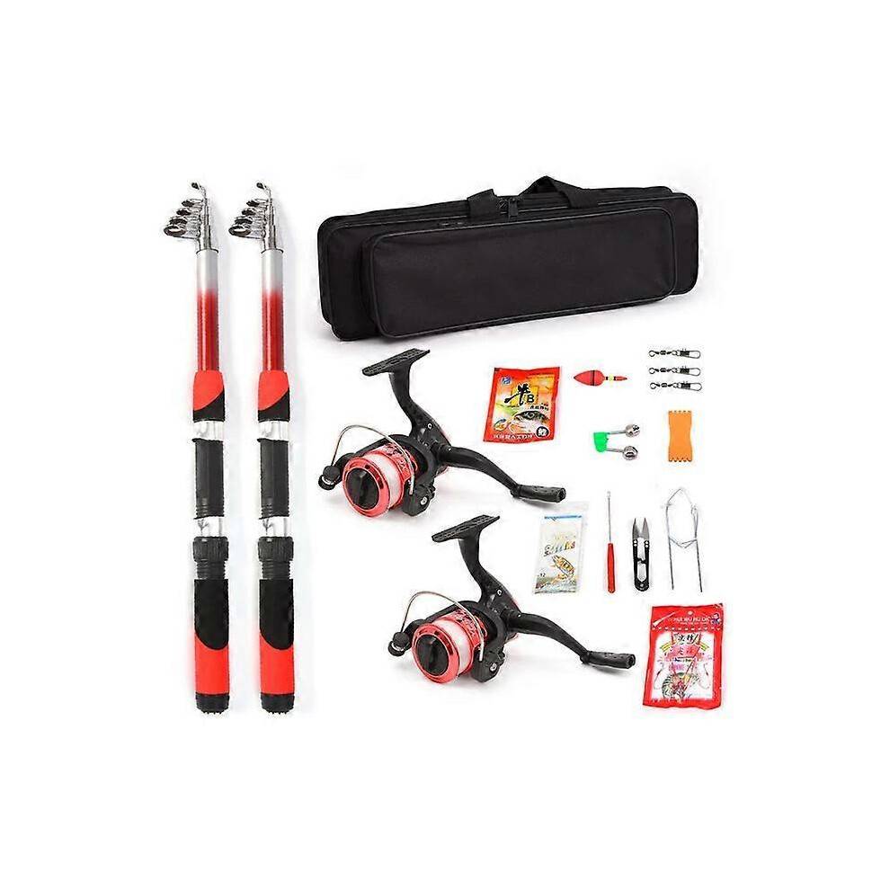 (Red) Sets Rod Reel Combo Full Kit With 2pcs 2.1m Telescc Rods Spinning Reels Ultralight Fishing Accessory