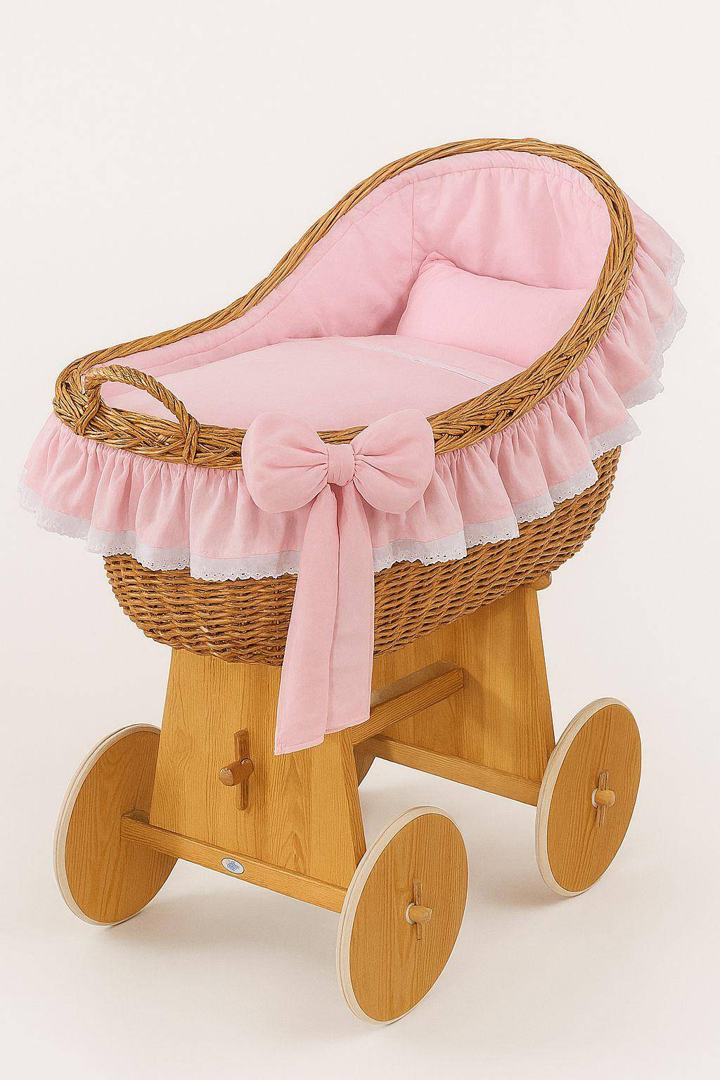 Carina Wicker Moses Basket with Wicker Shed - Natural + Pink Bedding