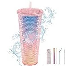 Cresbel nitmugg med lock och sugrör, 710 ml återanvändbar dubbelväggig plastmugg, kall mugg, drickmugg i plast, resemugg för iskaffe eller vatten till Go (rosa)