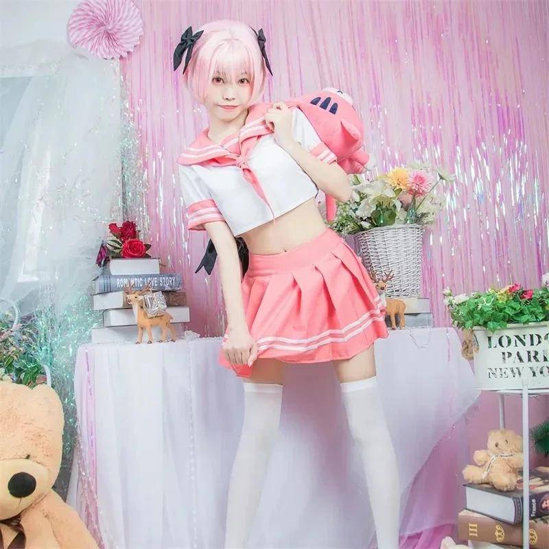 Astolfo Cosplay Kostymset, Rosa Sjömansuniform med Peruk, Anime Fate-serien Halloweenfest Rollspelsdräkt cm white