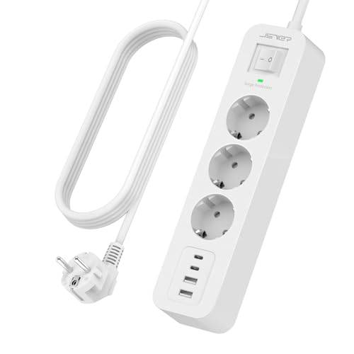 JSVER 7-i-1-Adapter med 3 Uttag, 4 USB-laddningsportar (3,4A 5V) Grenuttag, överspänningsskydd med Strömbrytare och 4m Förlängningssladd för hem och Kontor (Vit)