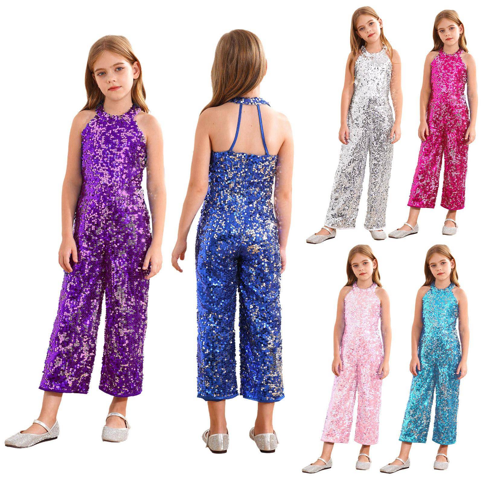 Barn Paljett Jazz Balett Dans Föreställningskostym Balfest Jumpsuit Vida Ben Byxor Maskerad Bodysuit cm