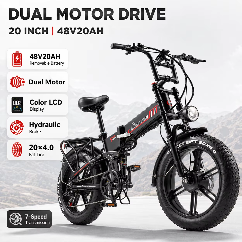 Dual Motor E-bike 48V20AH Lithium Battery Folding 20*4.0-In Fat Tire Electric Bike Aldult Mountain Electric Bicycle