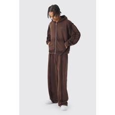 Mens Brown Oversized Boxy Zip Through Loopback Hoodie And Wide Jogger Tracksuit