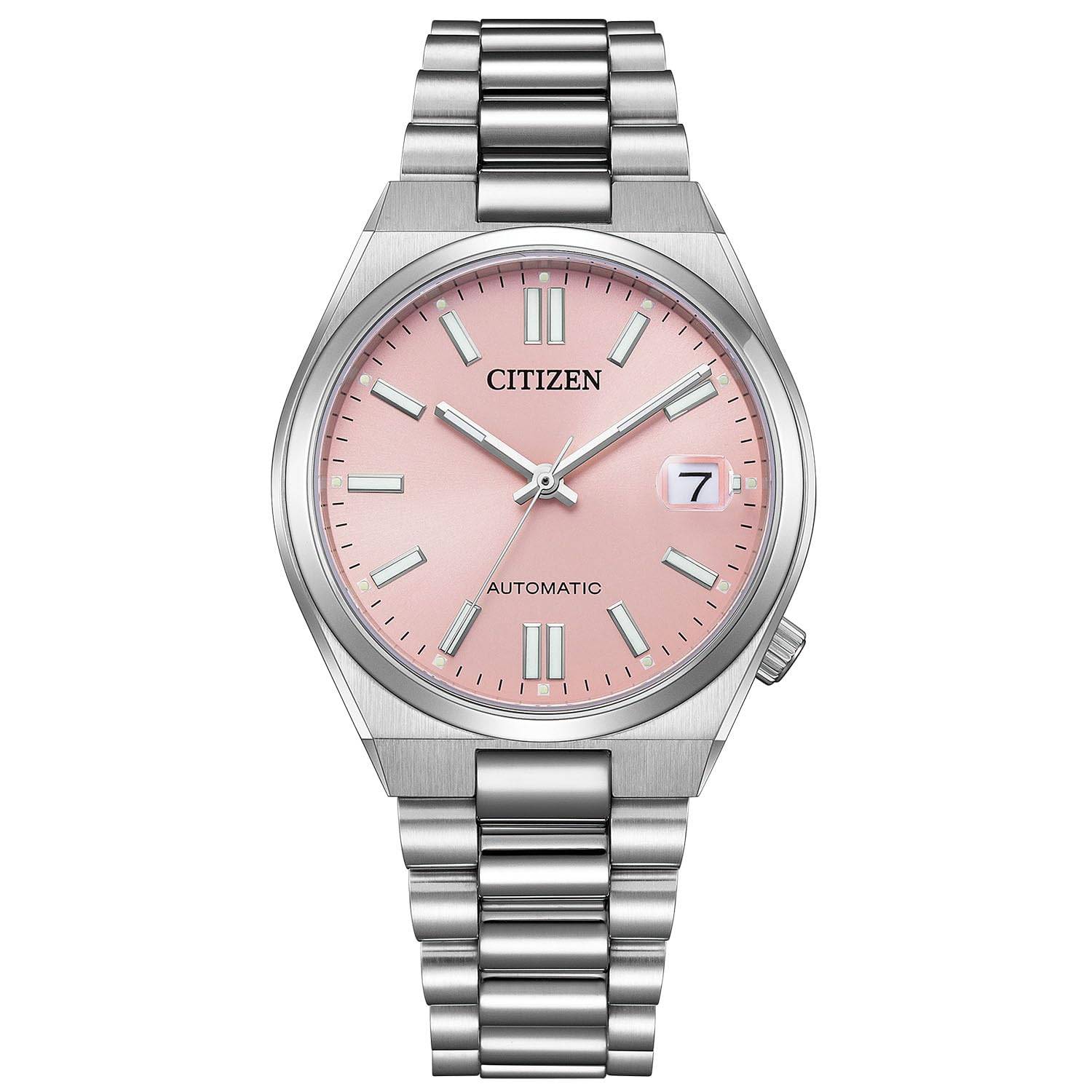 Citizen TSUYOSA 37mm Automatic Watch with Date Pink and Business Simple Mechanical Luxury Silver See-Through Back, Waterproof, Display, Silver, Style,