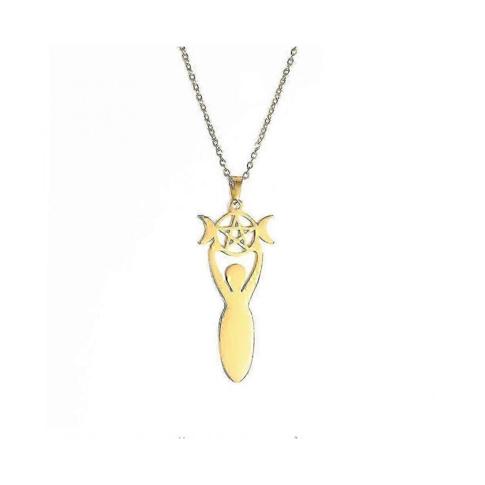 (Gold Color) Skyrim Penctacle Triple Moon Goddess Amulet Necklace Wicca Pagan Pendants Necklaces for Women Stainless Steel Witchcraft Jewelry
