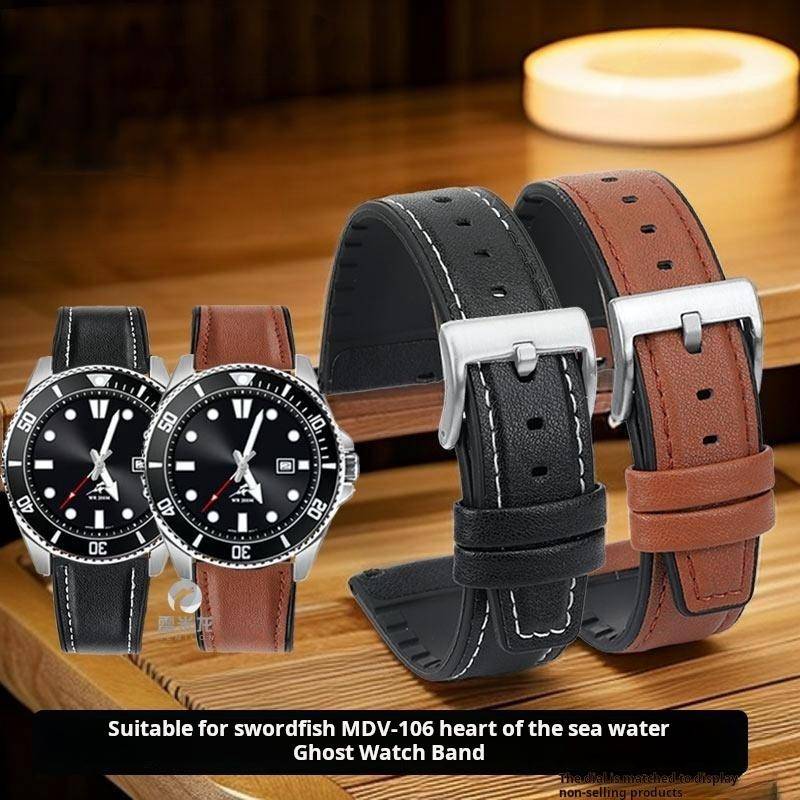 Snabbt äkta läderarmband För Casio Swordfish mdv-106 mdv-107 Water Ghost Klocka sport ko-läder Silikon gummi herrarmband black