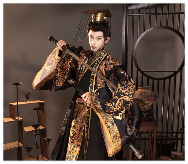 Qin-Inspired Emperor Hanfu Robe Costume | Sets & Crown Options - Gold Crown Only - One Size / L (L)
