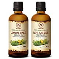 Citrongräs Eteriska Oljor 2x100ml - Cymbopogon Flexuosus - Indien - 100% Ren & Naturlig - Används för Lugnande Bad - Aroma Diffuser - Doftlampa - Rumsdoft för Aromaterapi