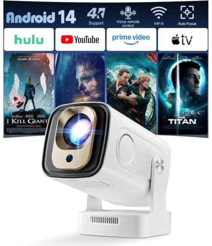 HY260 Pro Mini Projector Support 4K Home Cinema, with WiFi 6 and Bluetooth 5.4, 1080P Full HD with Android 14.0, 180° Rotation, Small Home Theater, for Bedroom Outdoor Use
