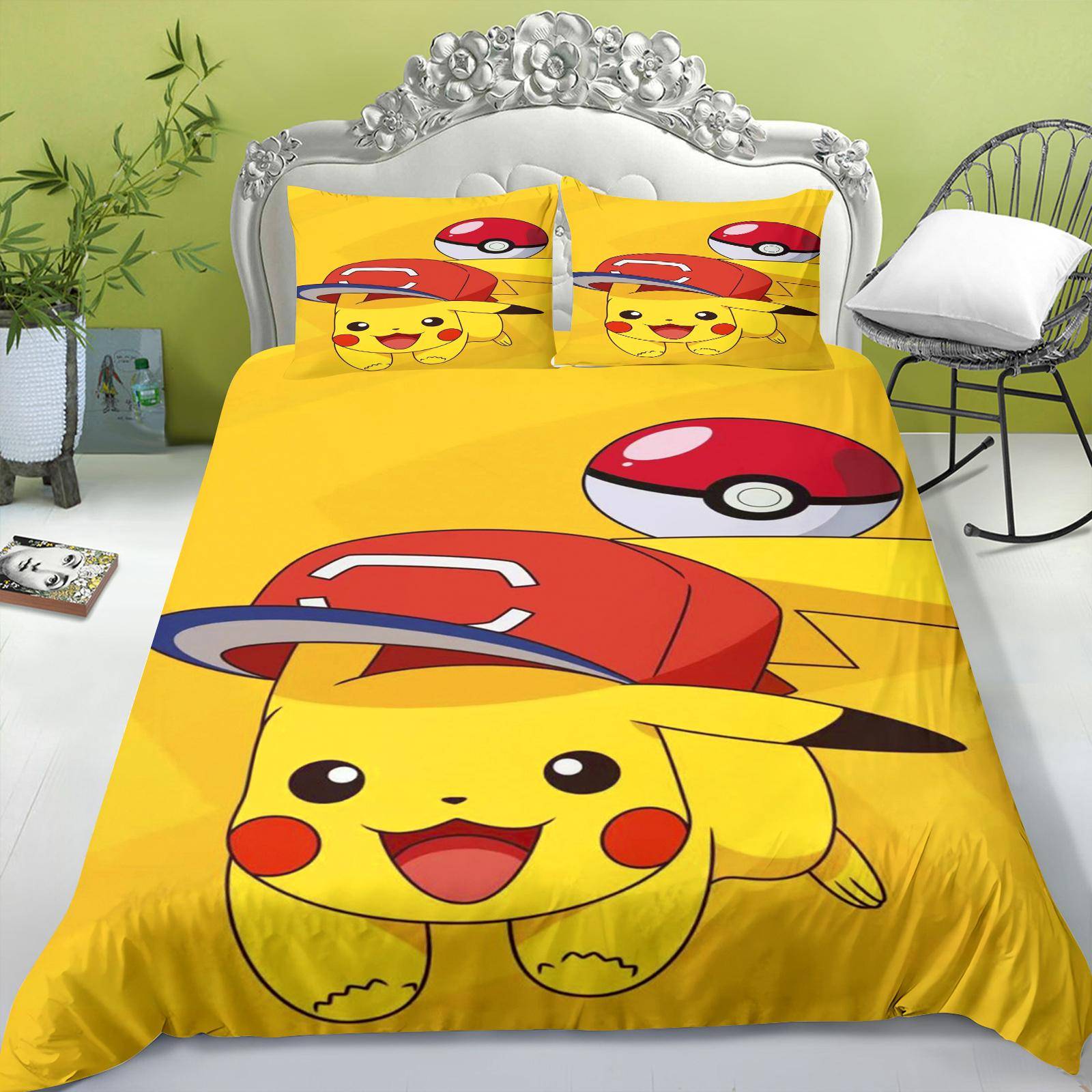 Tecknad påslakan set för barn, Pikachu Anime täcke, King Size täcke, Queen, Grad A, 3D sovrumslakan 203x228cm