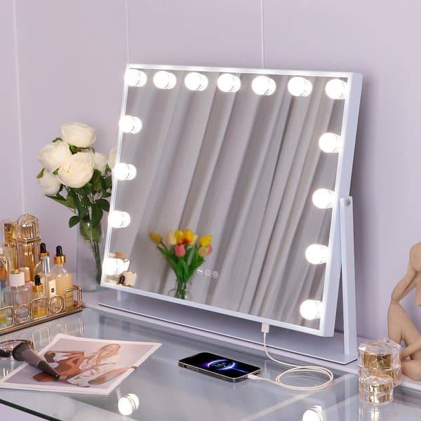 FENCHILIIN Hollywood Makeup Spejl Med Lys 360° drejelig dæmpbar med tre lystilstande bordplade Spejl hvid 65 x 49 cm