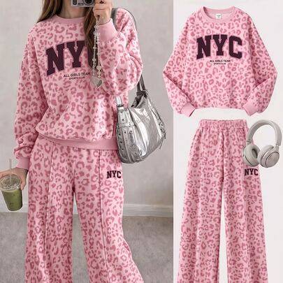Rosa sportig casual set för tween-flicka med colorblock, NYC-bokstavstryck och grafiskt tryck, mjuk och bekväm lös sweatshirt med rund hals och vida b - Vitt (6Y,7Y,8Y,9Y,10Y,4Y,5Y,14Y,11Y,12Y,13Y)