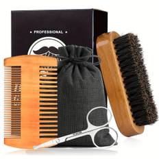 TEMU Beard Grooming Kit, Wooden Double Sided Beard Brush, Small Beard Scissors, Bristle Beard Brush, Father's Day Gift, Gifts For Men, Gift Box Set