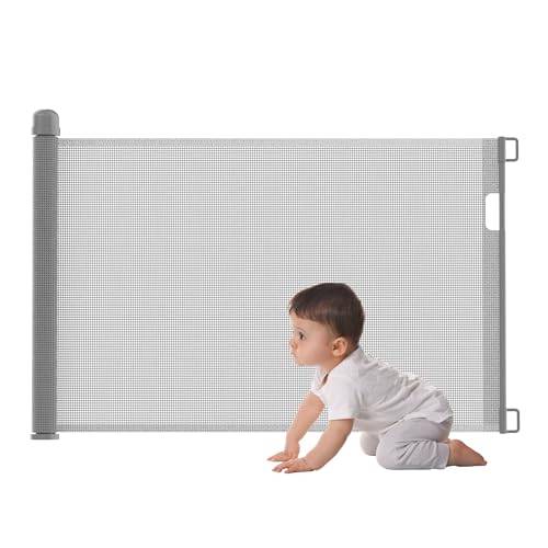 UISEBRT Infällbar trappgaller dörrskydd för baby& hund 0-150cm trappgrind utdragbar rullgardin, ett galler, utbyggbart trappgaller för för inomhus, utomhus, trappor och hallar(Grå,150cm)