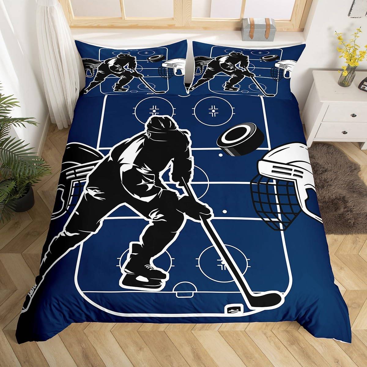 Graffiti Ishockey Örngott Vinter Sport Sängkläder Set Barn Pojkar Ishockeyspelare Täcktäck Cover Akvarell Sport Quilt Cover