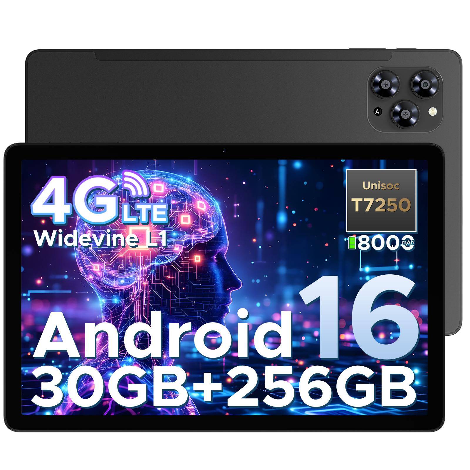 DOOGEE TAB G6 Surfplatta 11 tum Android 16 Surfplattor, 30 GB + 256 GB / 2 TB, 8000 mAh & T7250 Octa Core, 4G LTE + 2 Högtalare svart