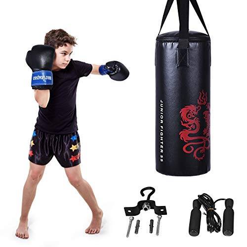COSTWAY 10KG Boxningssäck-set med 8oz boxhandskar och hopprops, slagpåse för barn och vuxna, boxsäck, boxväska inkl. takkrok för montering för MMA, kickboxning, Muay Thai, Taekwondo
