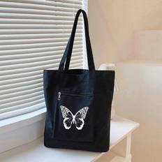 Butterfly Print Front Pocket Shopper Bag Skolväska för akademiker, tonårsflickor, Freshman, Sophomore, Junior & Senior i College, University & High Sc - Svart (En-Storlek)