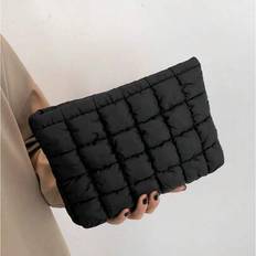 Fashion Multifunctional Elastic Overlocking Embroidery Thread Plaid Cosmetic Bag Casual Clutch Handbag Warm Down Mini Bag Makeup Organizer Makeup Stor - Black