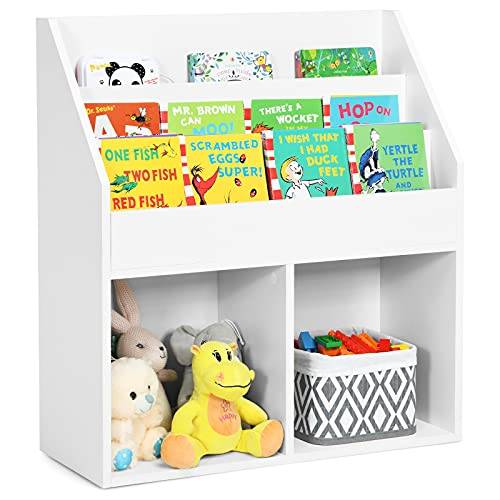 COSTWAY Bokhylla för barn, leksakshylla i trä med 3-nivåer fack och 2 hyllor, 2-i-1 barnhylla förvaringshylla för barnrum, lekrum, vit, 70 x 30 x 80 cm