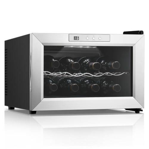 FOHERE 22 l vinkylskåp för 8 flaskor – bord/vinkylskåp med glasdörr LED + digital display, dryckeskylskåp, 8–18 °C, enkelzon, silver