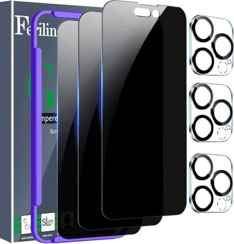 Ferilinso [3 + 3 stycken] skyddsfilm för iPhone 14 Pro, pansarskydd, glas, integritetsskydd, 3 stycken, displayskydd, kamera-glas, skärmskydd för 6,1 tum