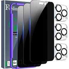 [3+3 Pack] Ferilinso for Apple iPhone 14 Pro Privacy Screen Protector Tempered Glass Accessories 3 Pack 9H Anti Spy Privacy Screen for iPhone 14 Pro 3 Pack Camera Lens Protector Case Friendly