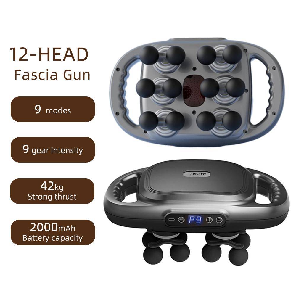 12-huvuds Fasciapistol Högfrekvent Vibration Kroppsmassagepistol Rygg- och Midjemassager Nack- och Axelmassager Muskelmassageapparat grå