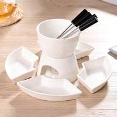 Mini chokladfondueset med tallrik tvålagers porslinsfärgad ostfondue med doppskålar och gafflar